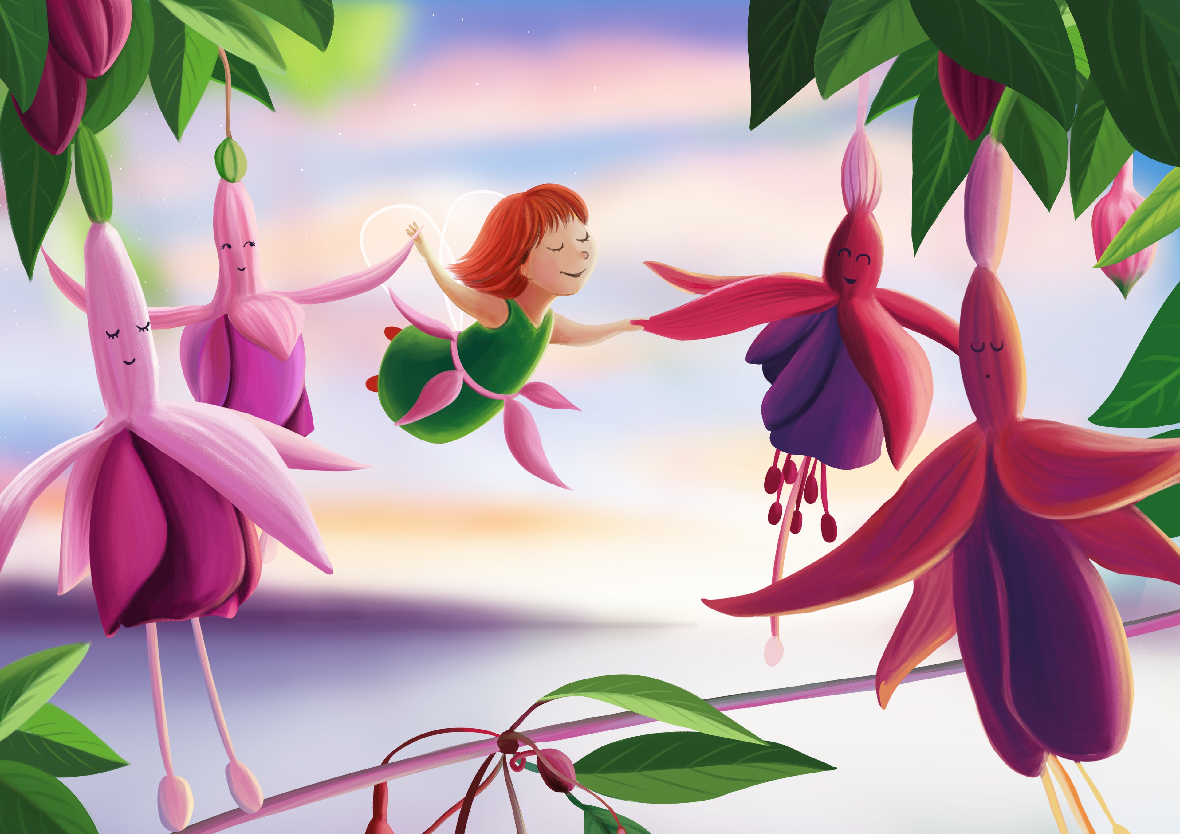 Image of little fairy Lia dancing with pink and purple flowers, in the sunrise light.