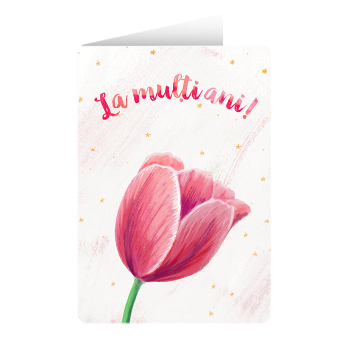 Minifelicitare - La mulți ani - floare roz