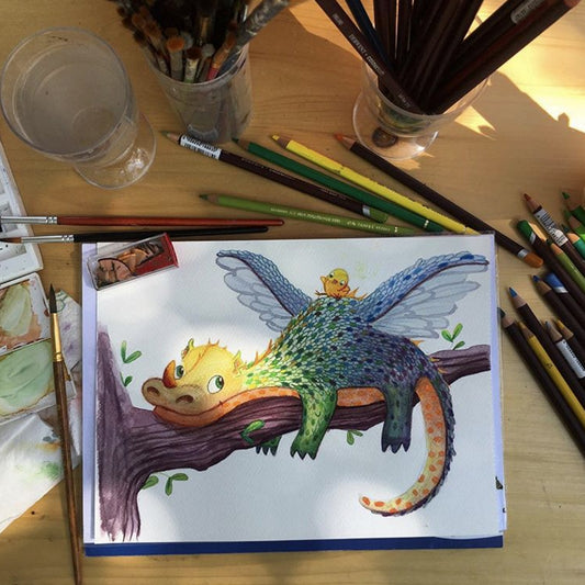Ilustrație originală (pictată) - dragonul și pasărea