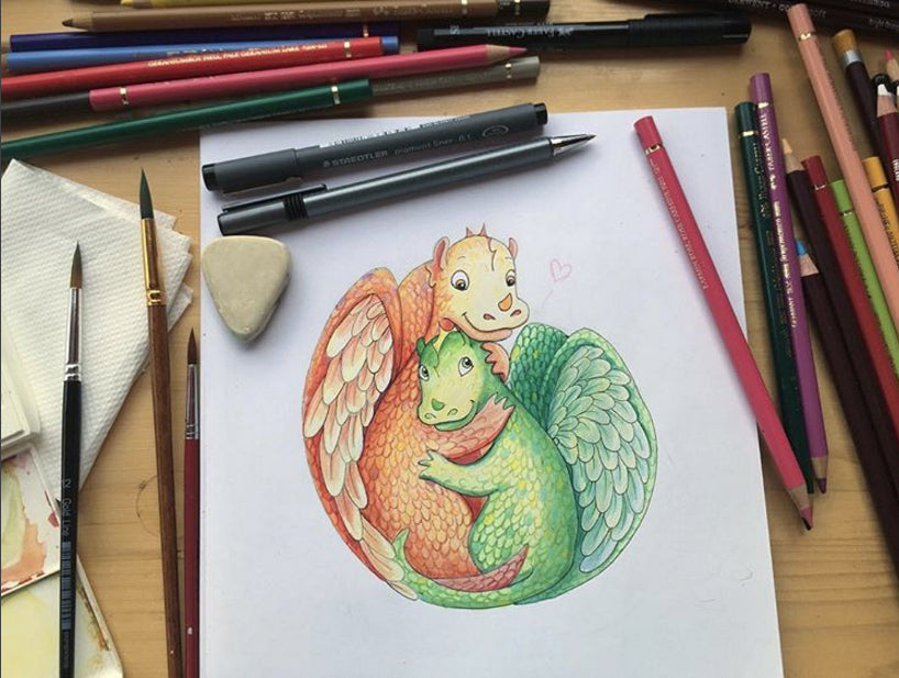Ilustrație originală (pictată) - dragonii îndrăgostiți